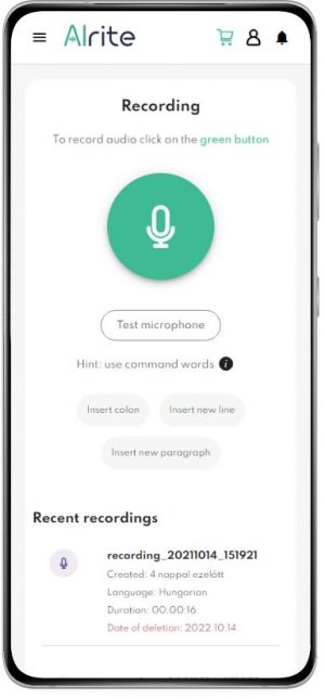 Alrite Sprach-zu-Text-App "Aufnahme"-Bildschirm