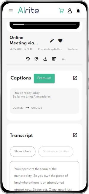 Alrite Sprach-zu-Text-App "Untertitel" Bildschirm
